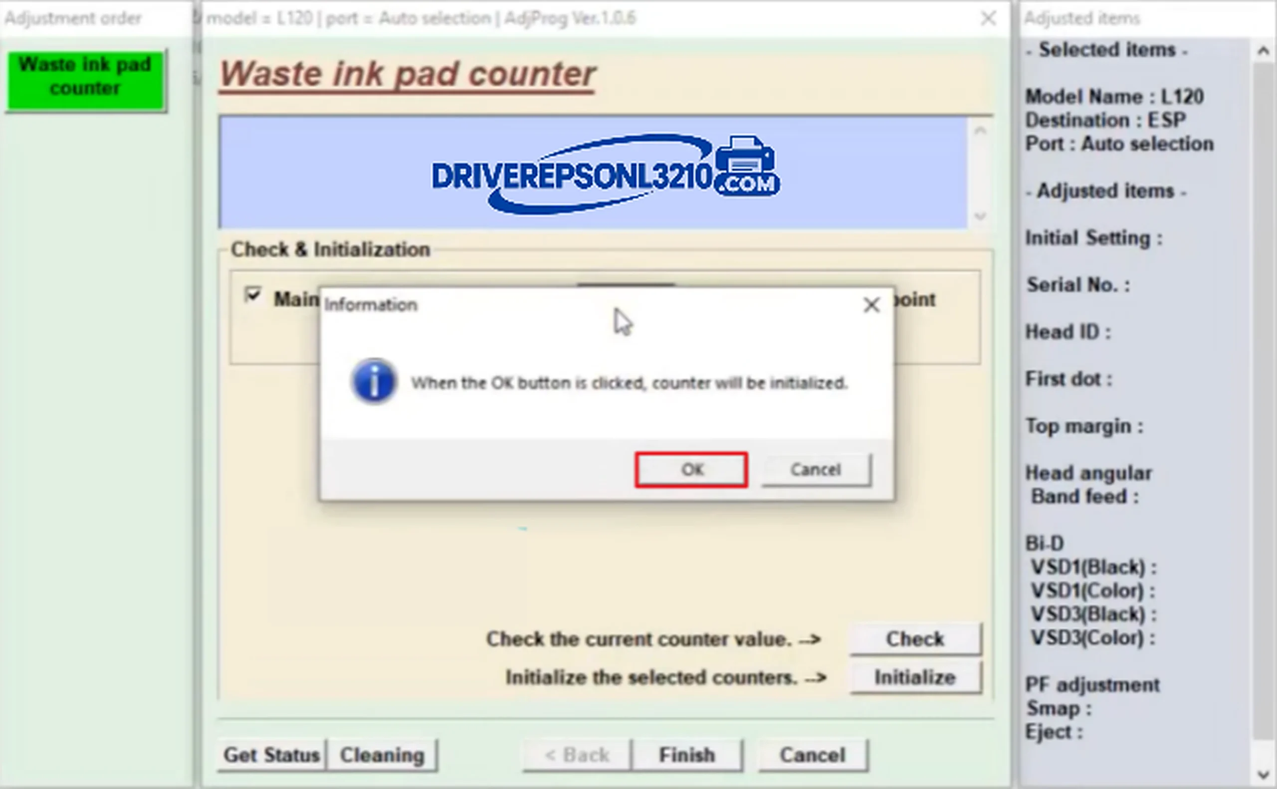 Epson L120 Reset Confirmation Window
