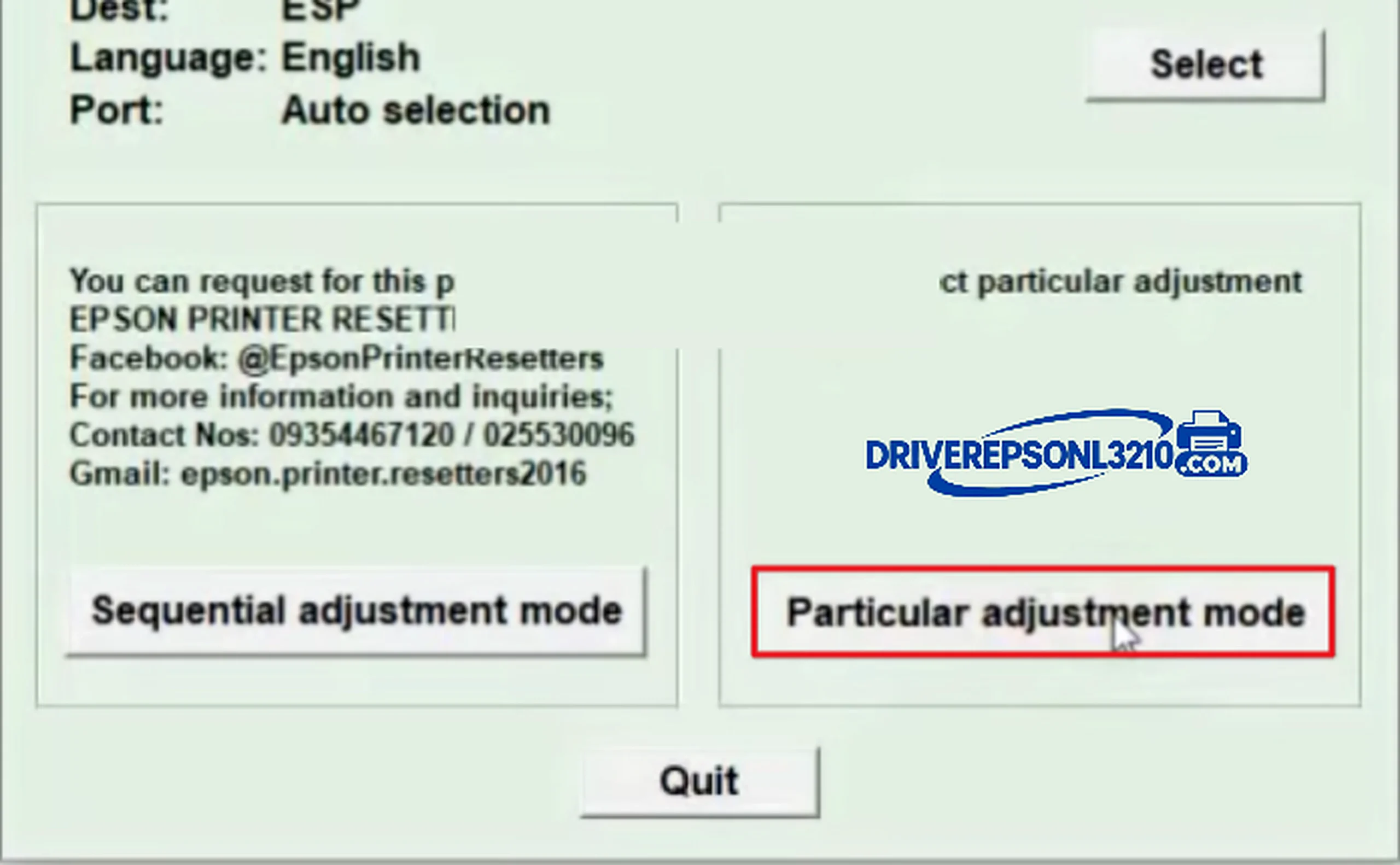 Epson L120 Resetter Particular Adjustment Mode